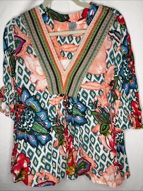 Anthropologie Blink Bohemian Floral V-Neck Women's Top in Coral & Teal